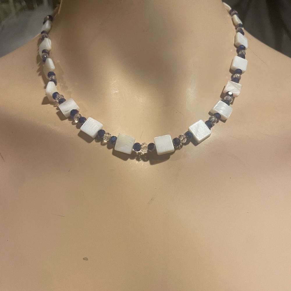 Chic White and Blue Square Bead Necklace